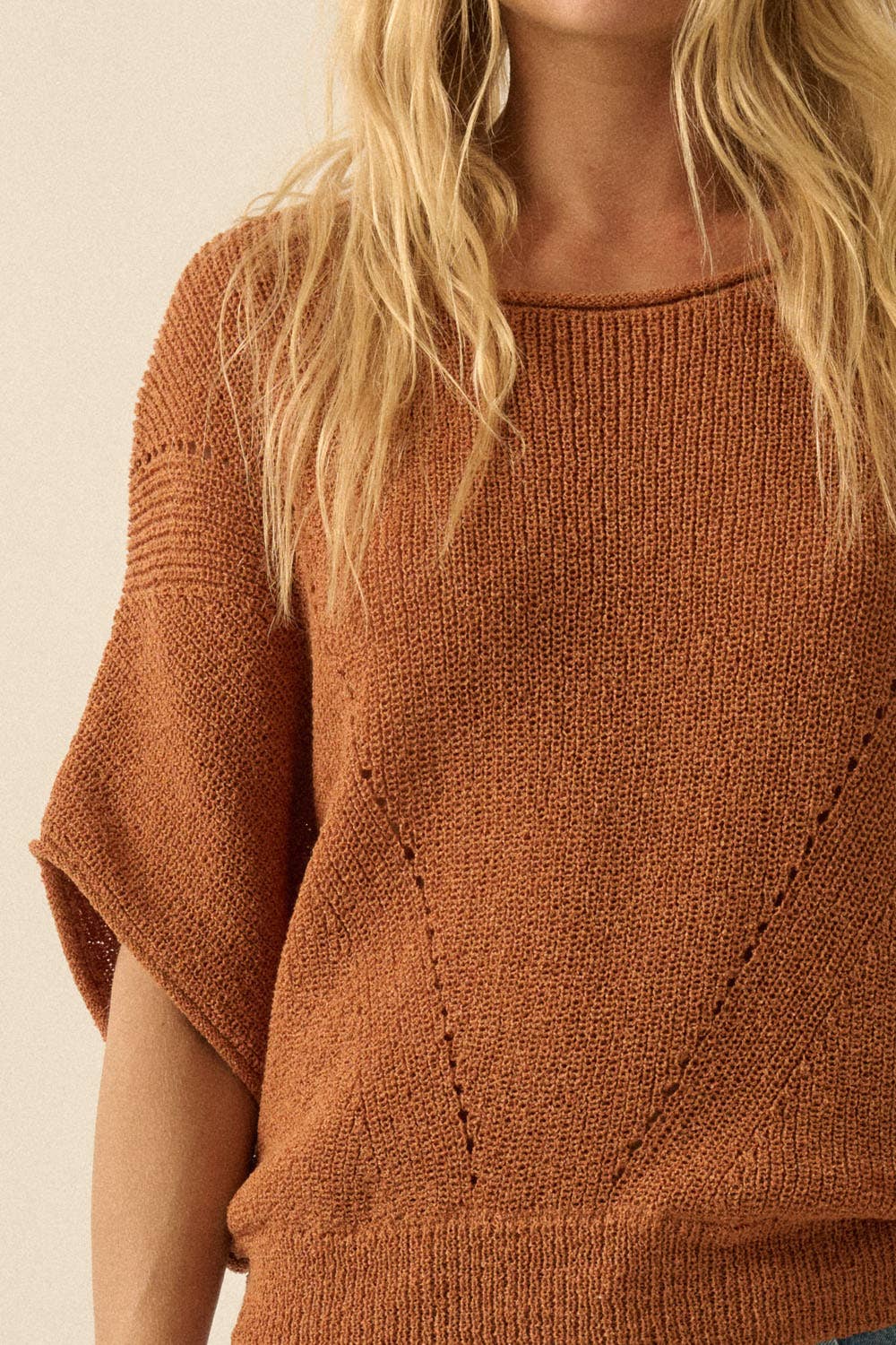Short-Sleeve Pointelle Ribbed Knit Sweater: Mulberry / M