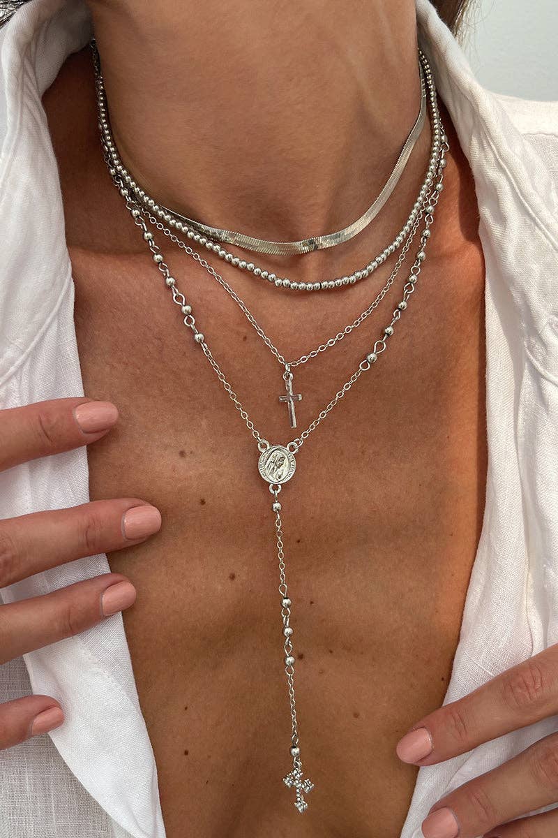 Layered Cross Pendant Necklace: SILVER / One Size