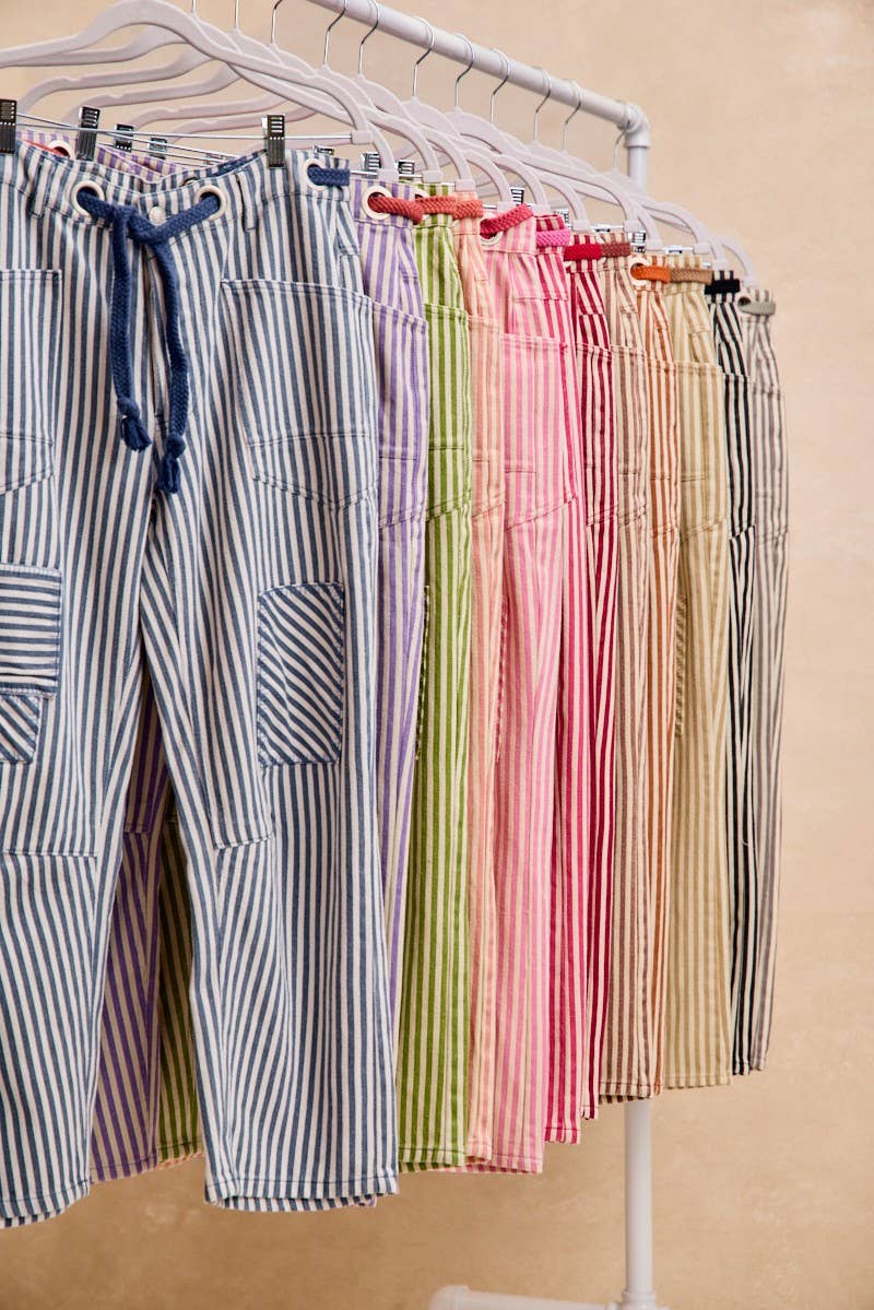 STRIPED TWILL BARREL PANTS: OATMEAL / S-M-L-XL(2-2-2-2)