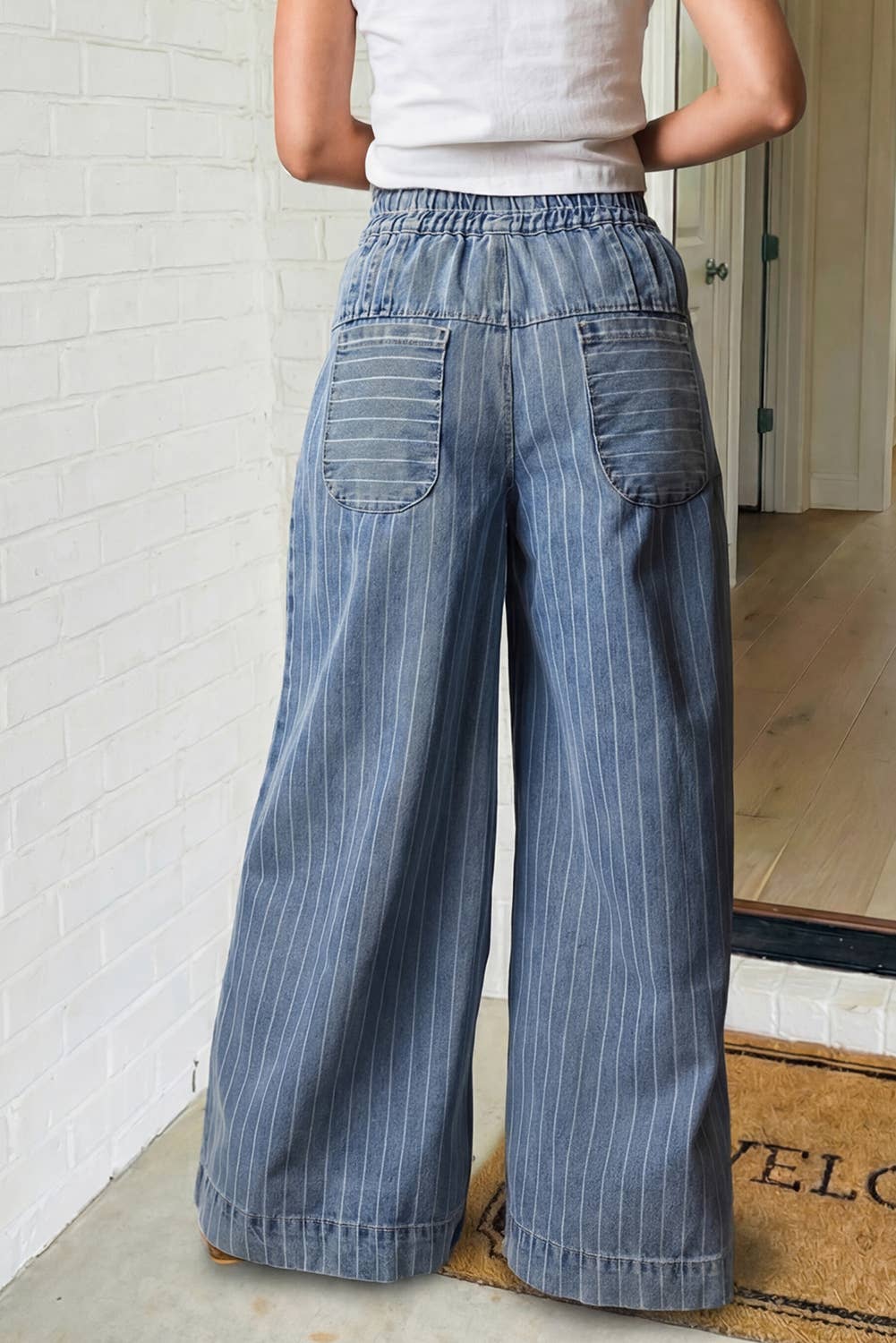 LAS Button Pleated Drawstring Striped Wide Leg Jeans (S-XL): Sky Blue Stripe / Missy / 10