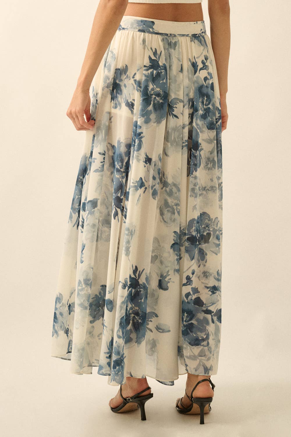Floral-Print Chiffon Tie-Waist Maxi Skort: Retro Blue / M