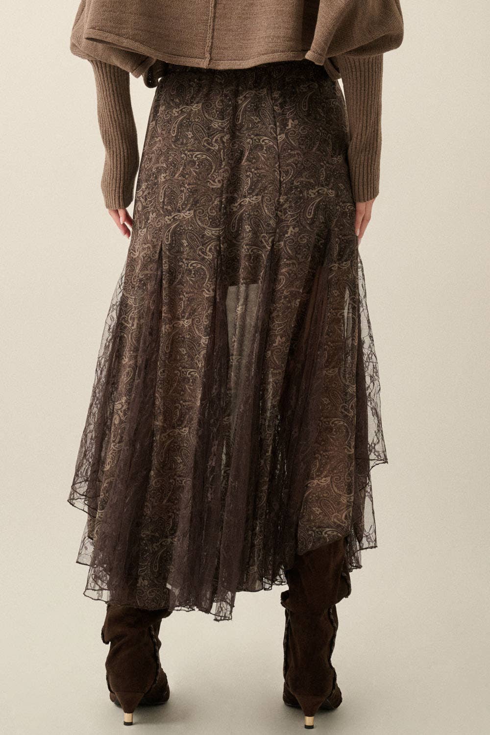Paisley-Print Chiffon & Lace Elastic-Waist Godet Maxi Skirt: Espresso / S