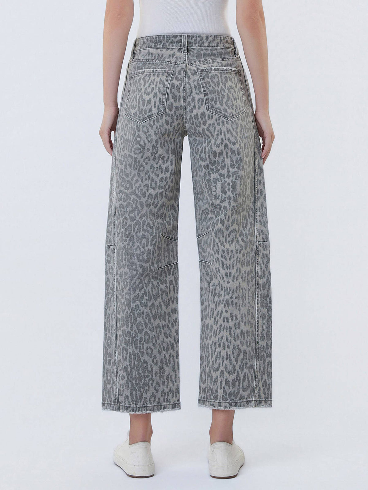 HIGH RISE DRAWSTRING GREY LEOPARD BARREL JEANS T7327GLP: GREY LEOPARD / 31