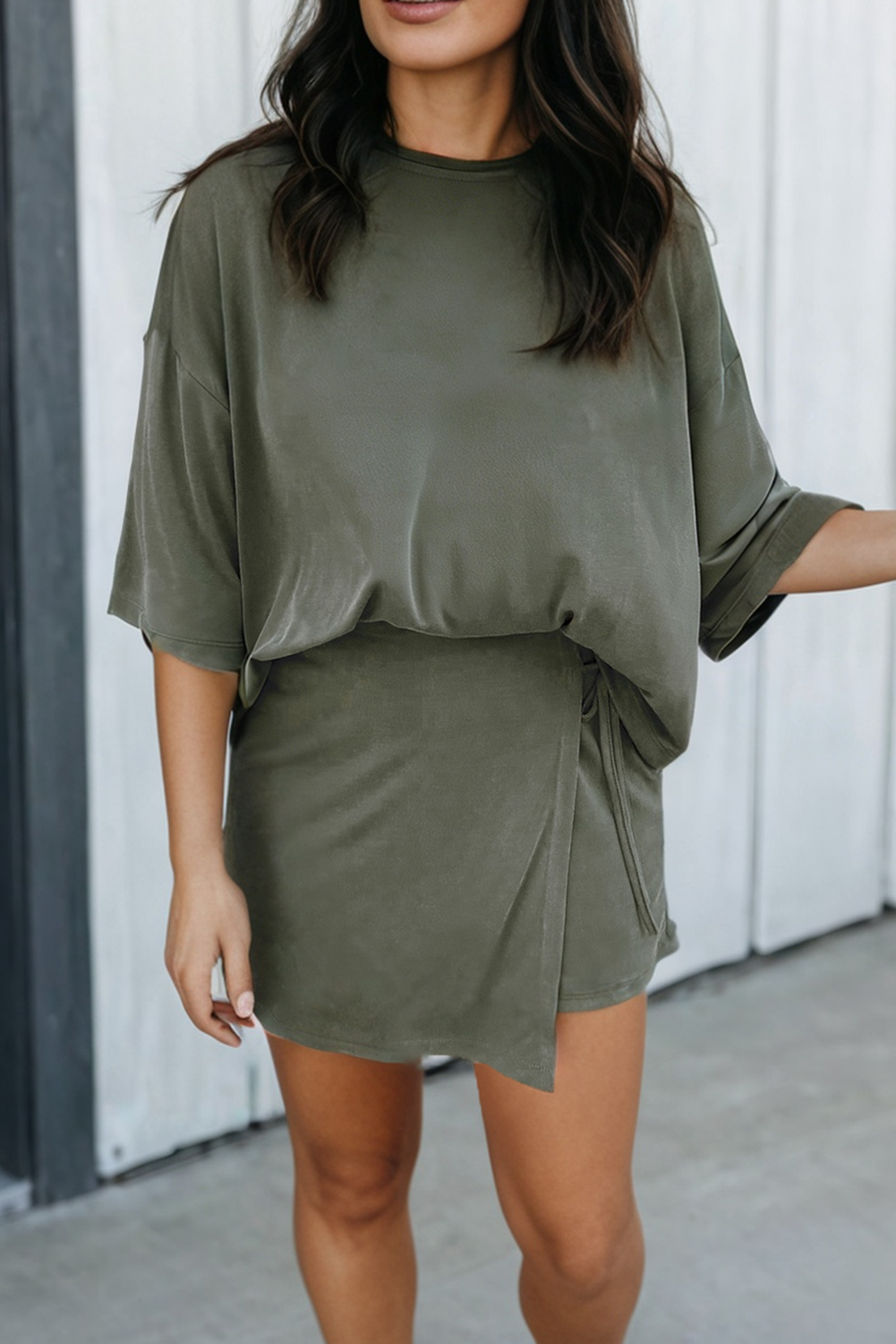 LAS Solid Oversize Tee Tie Wrap Mini Skort 2pcs Set (S-XL): Black / Missy / XL