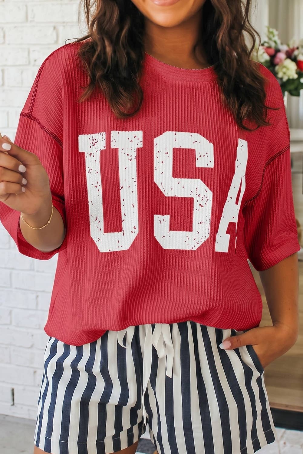LAS USA Graphic Half Sleeve Loose Ribbed Top (S-XL): Fiery Red / Missy / S