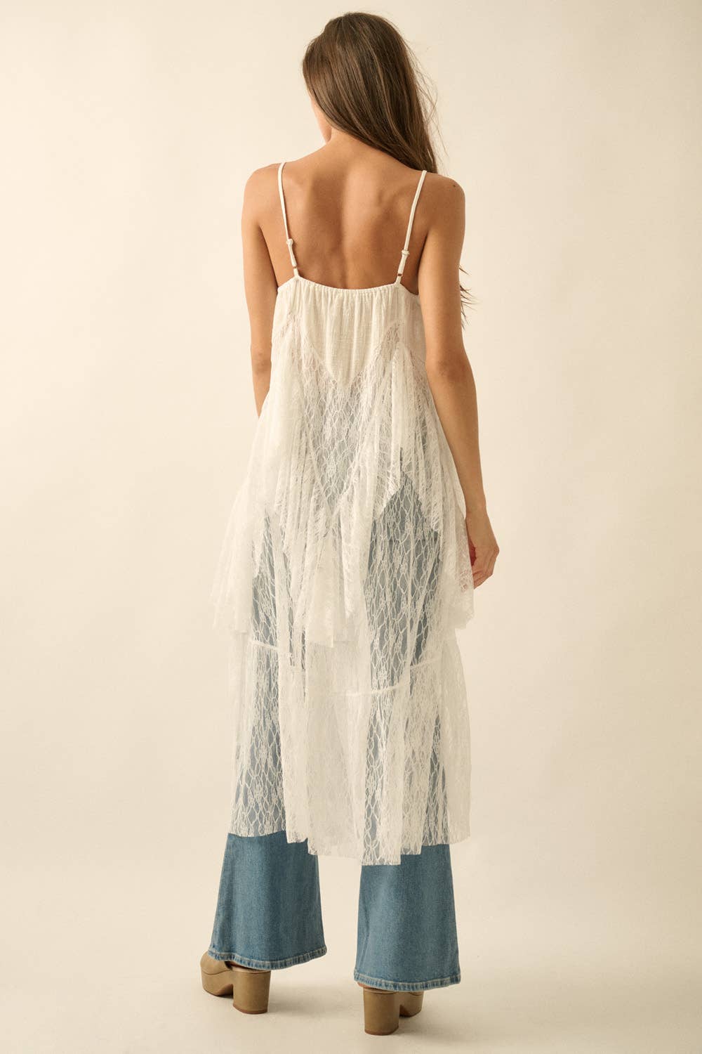 Ruffled Lace Flyaway Maxi Cami Top: Black / S