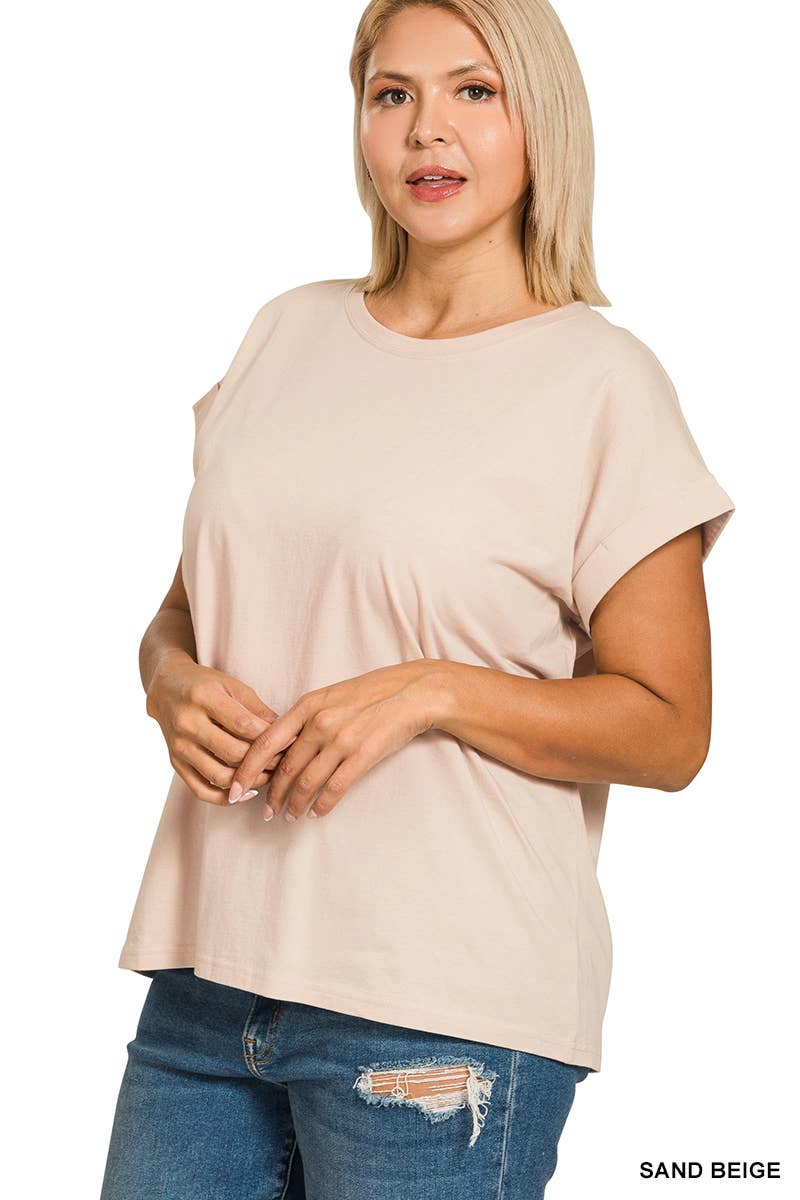 ,..._ Plus size Cotton Folded Sleeve T Shirt: +WHITE-173980 / 2X