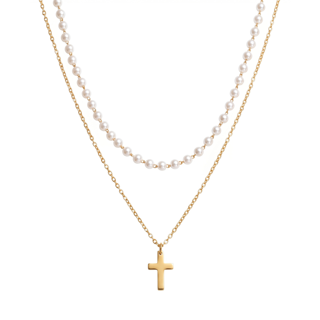 Two-Strand Pearl & Gold Cross Charm Necklace