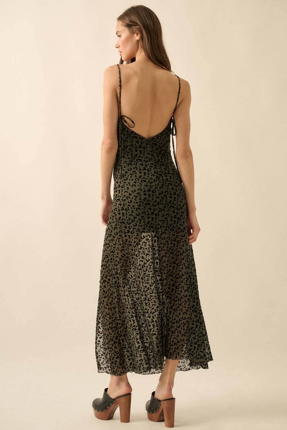 Flocked Leopard Mesh Cowl-Neck Maxi Dress: BURGUNDY / L