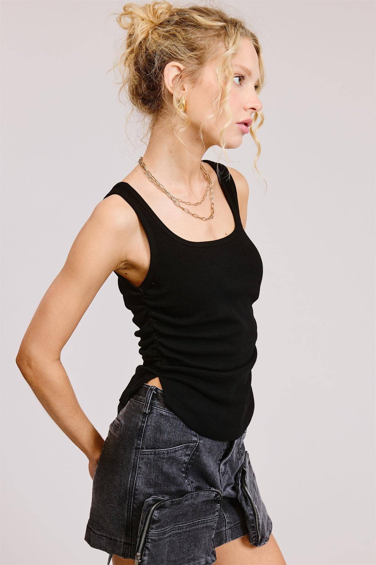 Ruched Ribbed Knit Tank with Scoop Neck: Grey / M