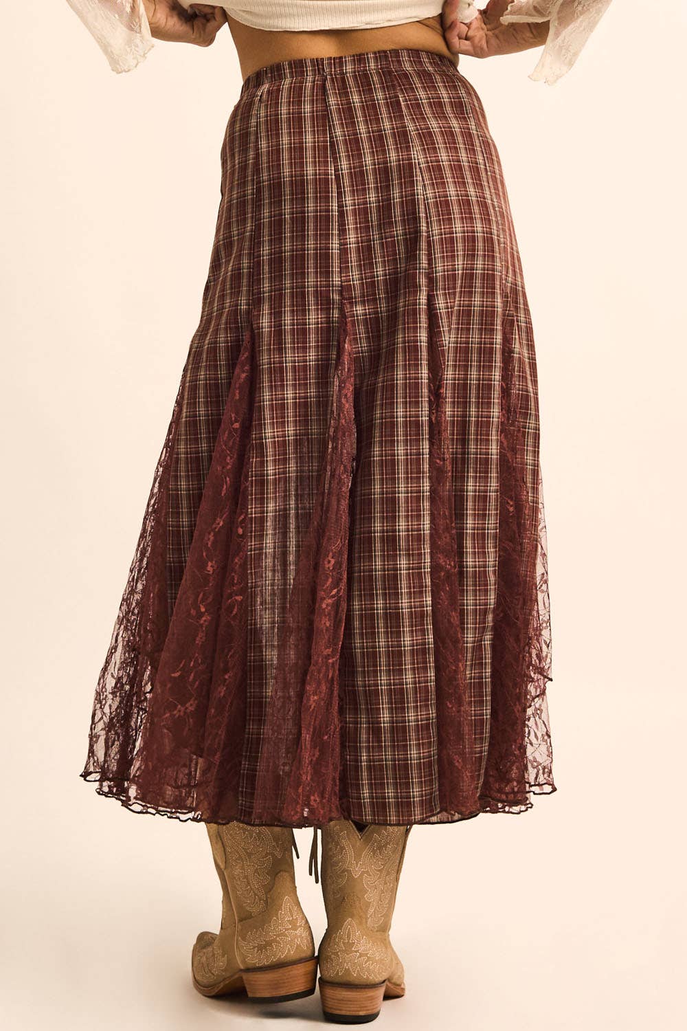 Plaid and Lace Godet Pleated A-Line High-Waist Maxi Skirt: Chocolate / M