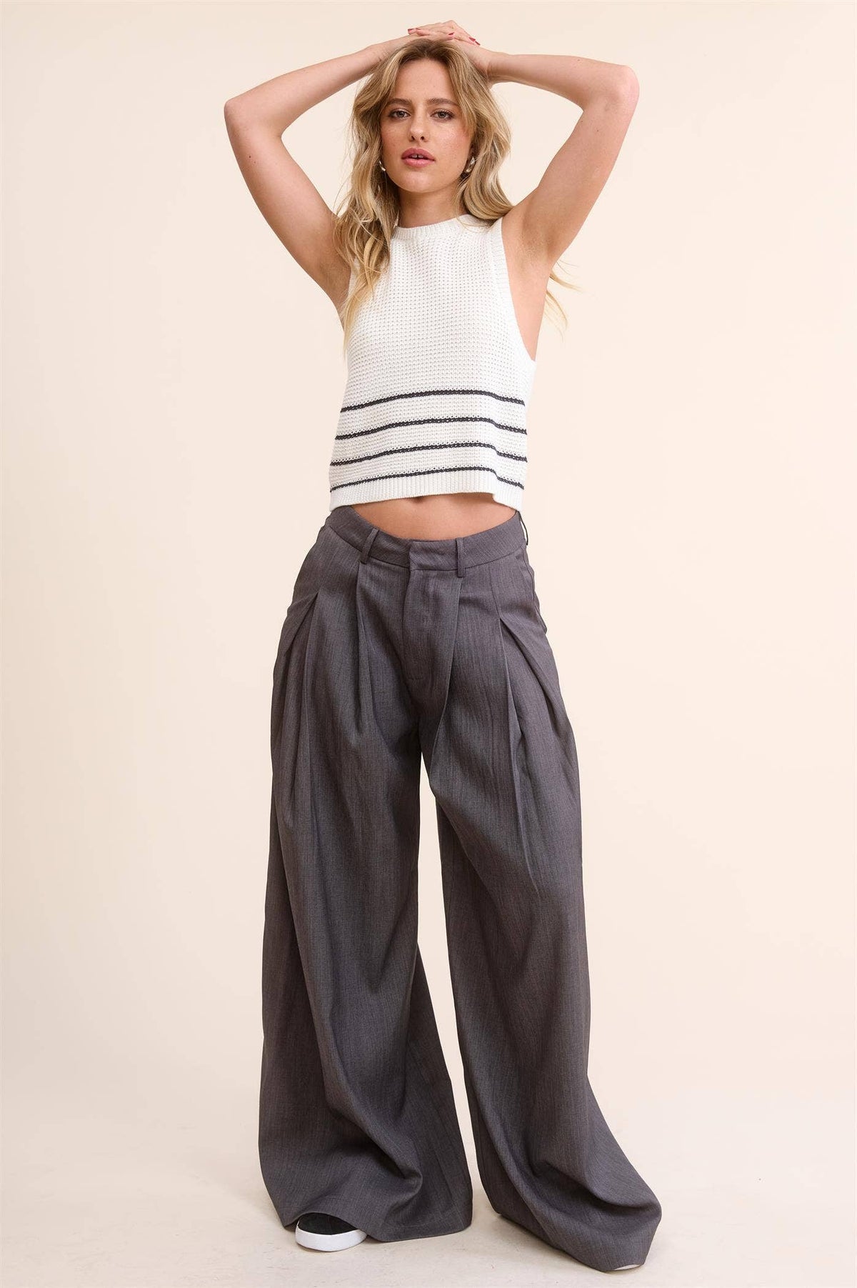 Trendy Low Waist  Wide Leg Pleated Trouser Pants: BEIGE / S