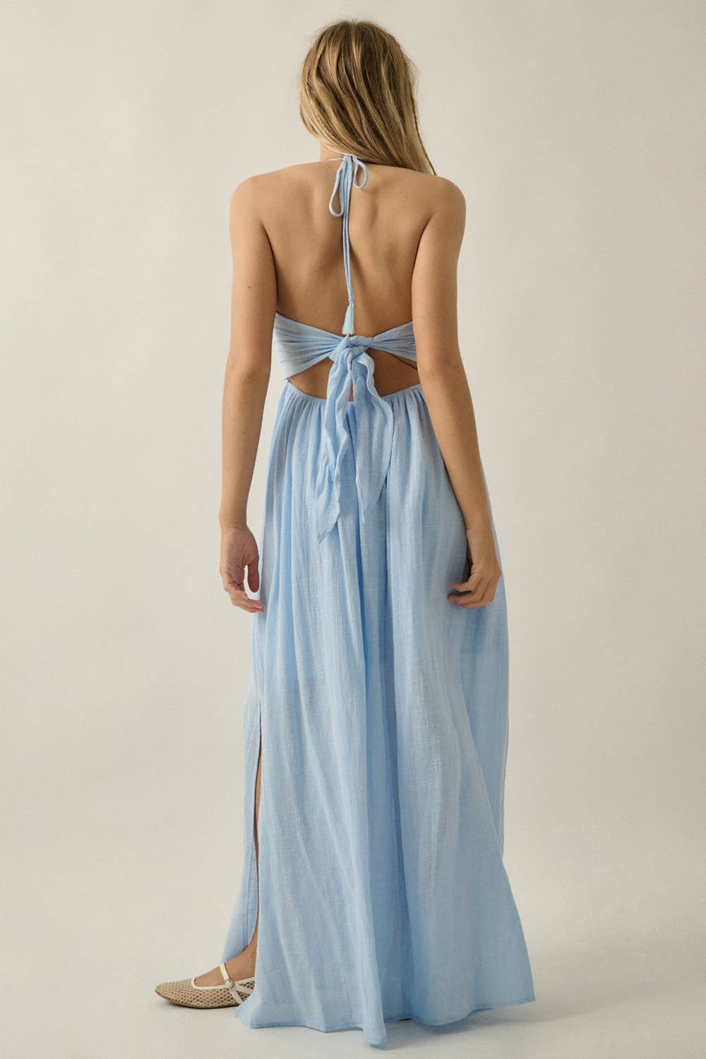 Cotton Gauze Tie-Back Halter Pocket Maxi Dress: Stone / L
