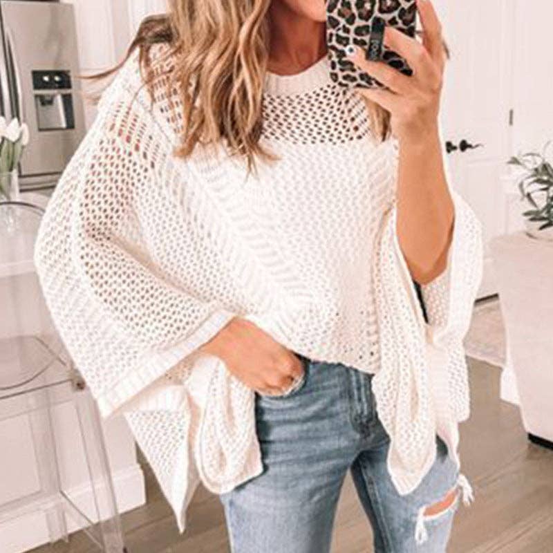 Ladies Bat Sleeves Hollow Out Knit Blouse 22065: White / XL