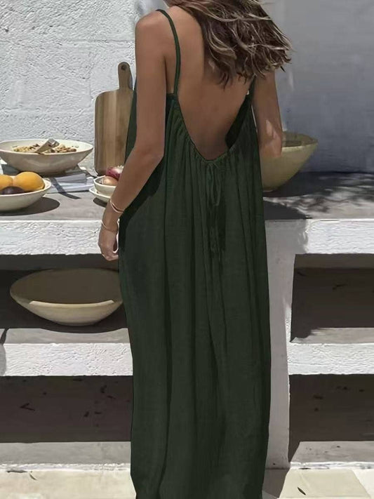 2026 Strappy Backless Loose Long Homewear Dress: Army green / S