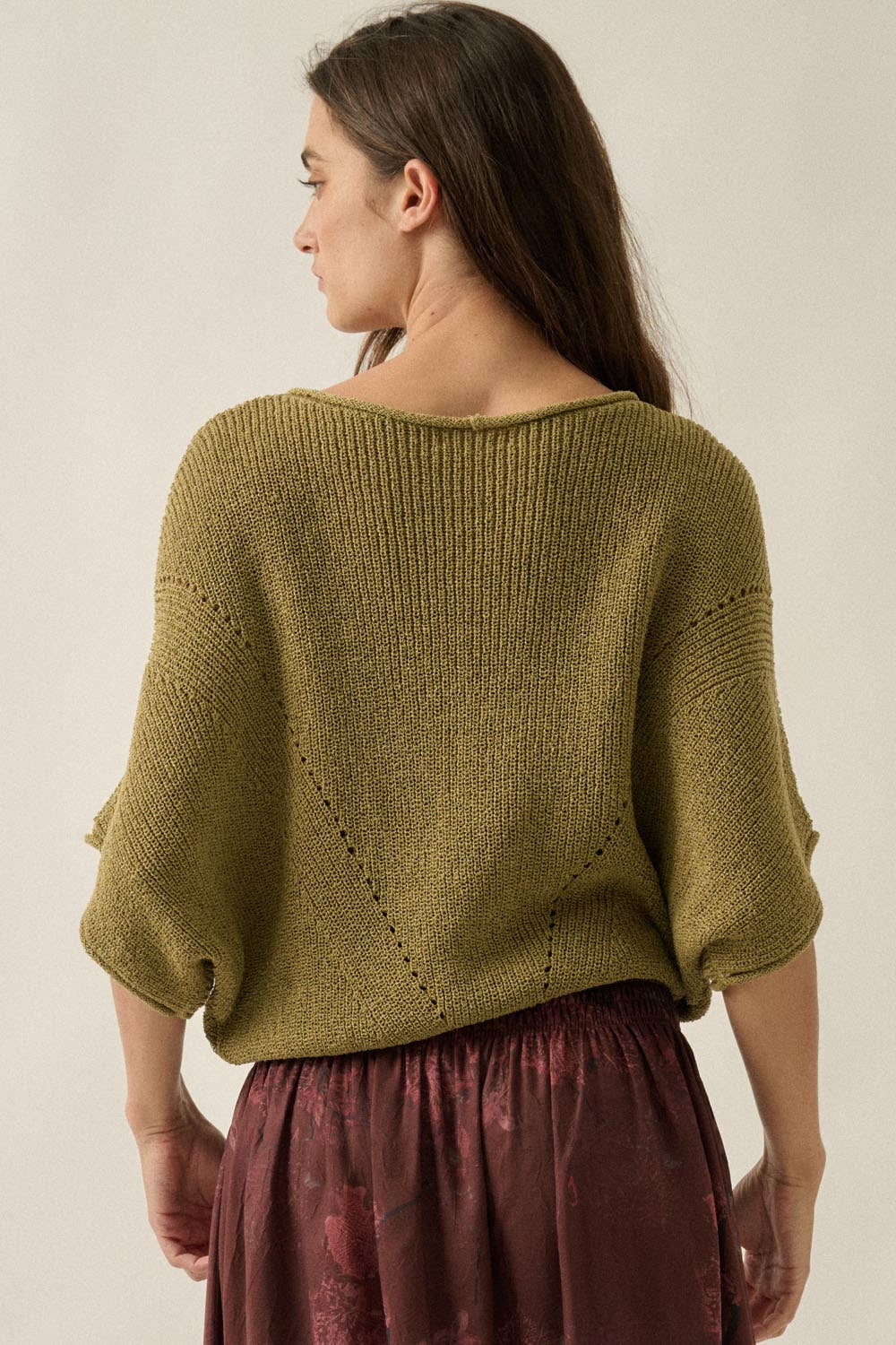 Short-Sleeve Pointelle Ribbed Knit Sweater: Mulberry / S