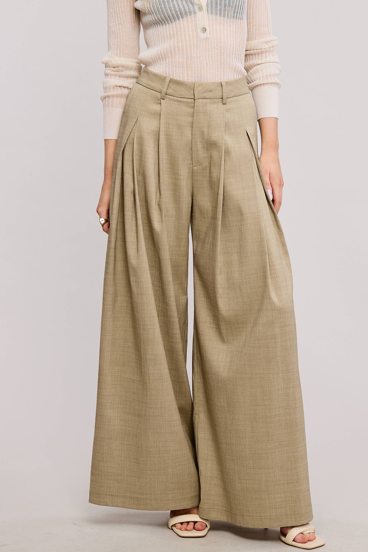 Trendy Low Waist  Wide Leg Pleated Trouser Pants: BEIGE / M