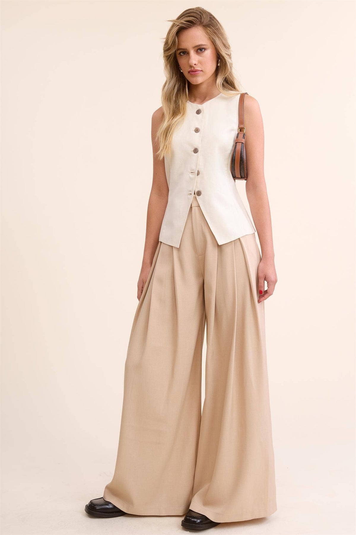 Trendy Low Waist  Wide Leg Pleated Trouser Pants: BEIGE / L