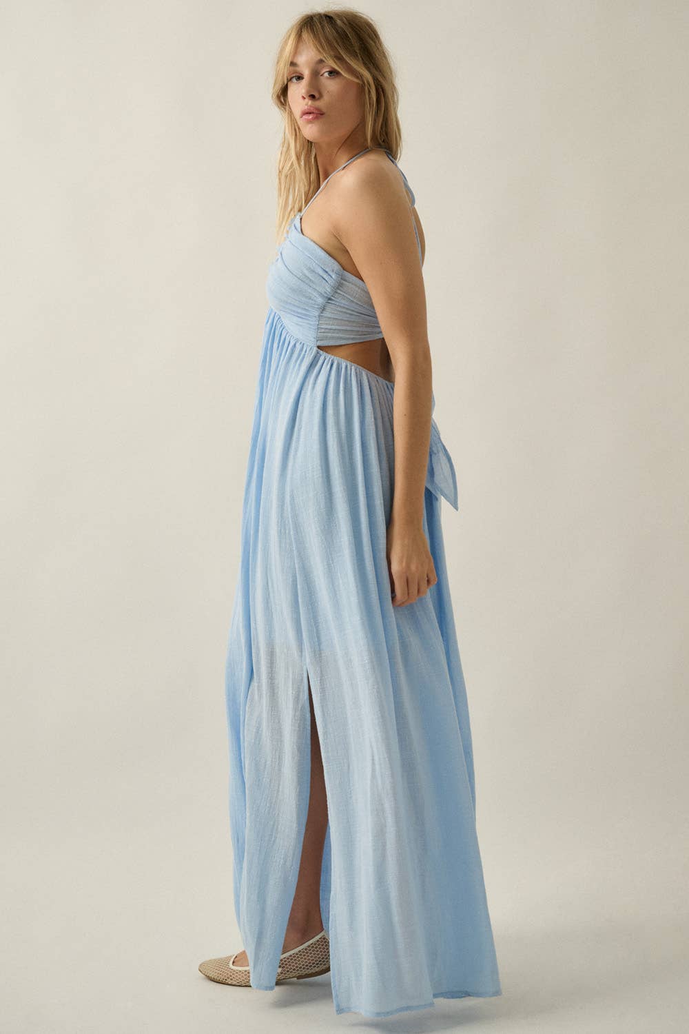 Cotton Gauze Tie-Back Halter Pocket Maxi Dress: Stone / L