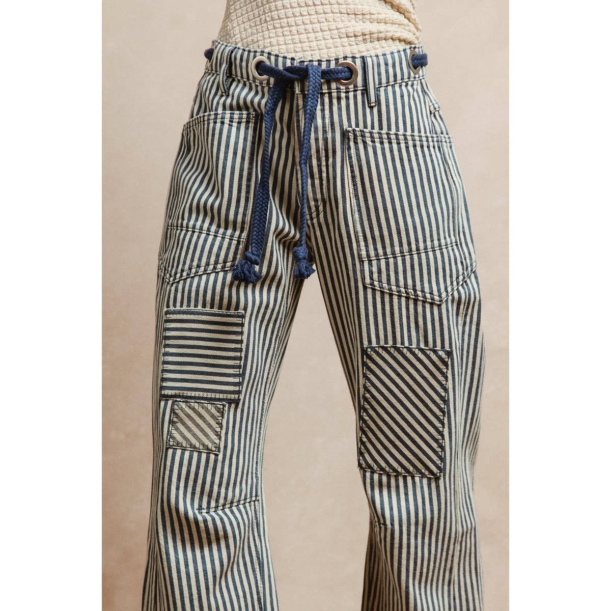 STRIPED TWILL BARREL PANTS: OATMEAL / S-M-L-XL(2-2-2-2)