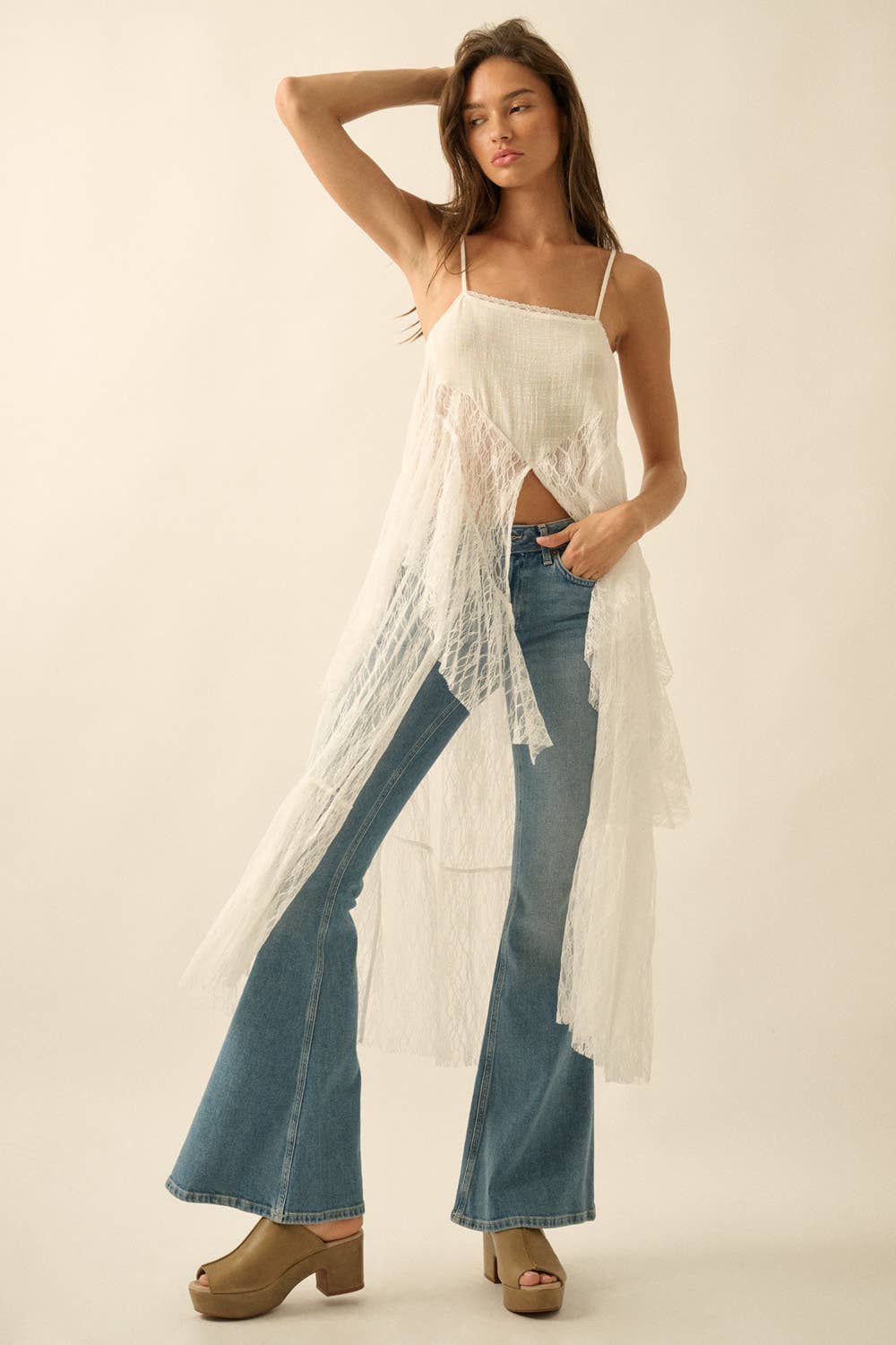 Ruffled Lace Flyaway Maxi Cami Top: Cream / L