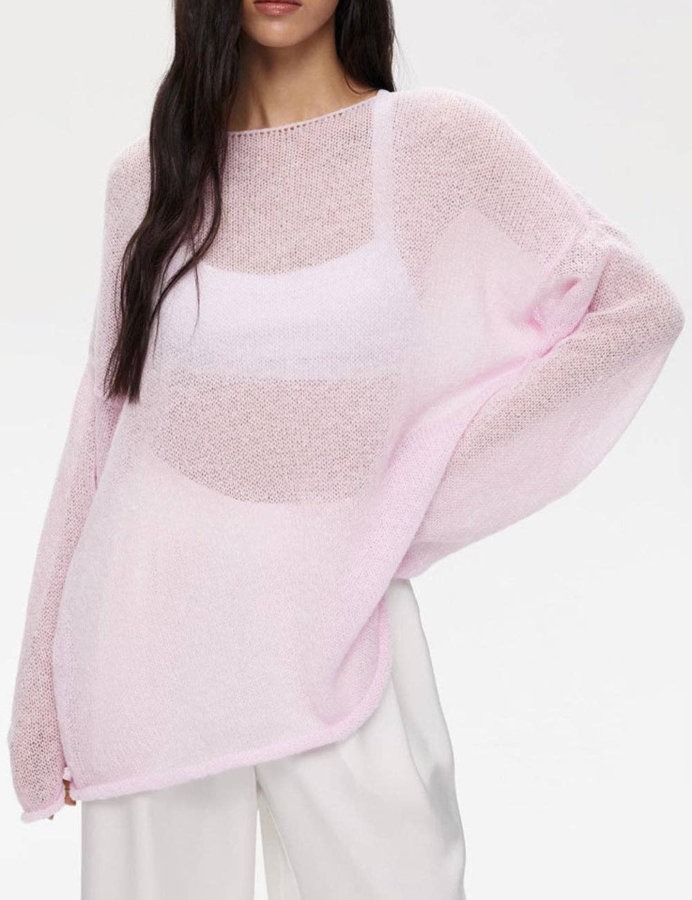Ladies Solid Color Hollow Knit Top MY0106: Light Pink / M