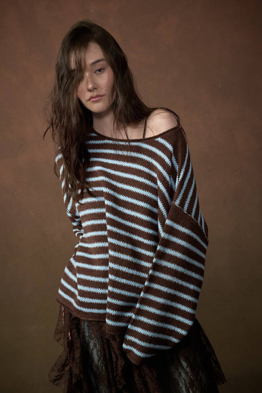 Striped Textured Knit Oversized Sweater: Choco-Blue / L