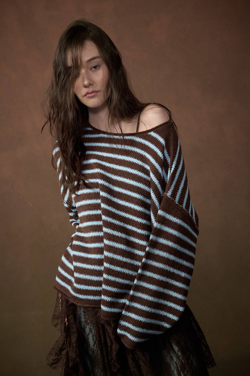 Striped Textured Knit Oversized Sweater: Midnight-Grey / L