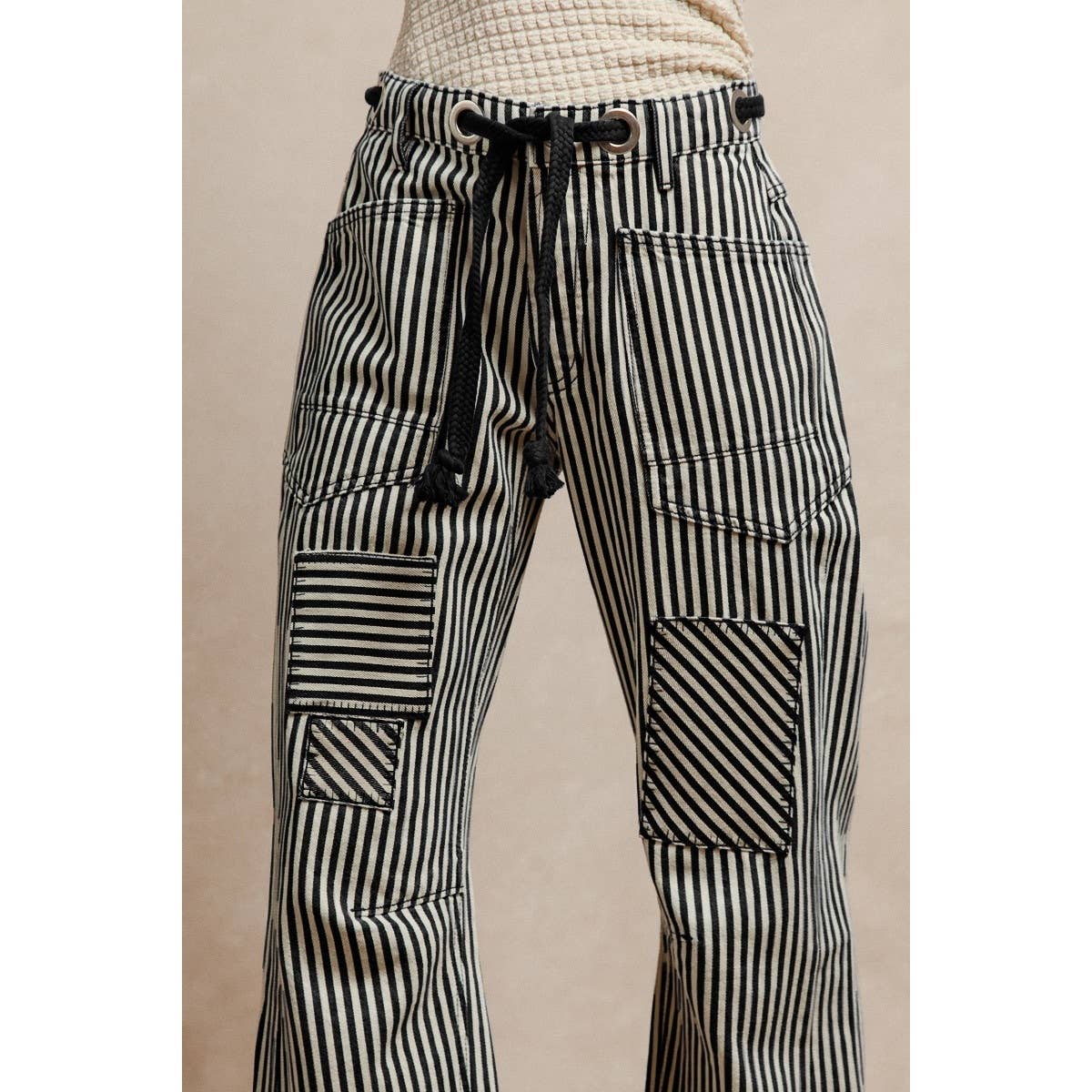 STRIPED TWILL BARREL PANTS: OATMEAL / S-M-L-XL(2-2-2-2)