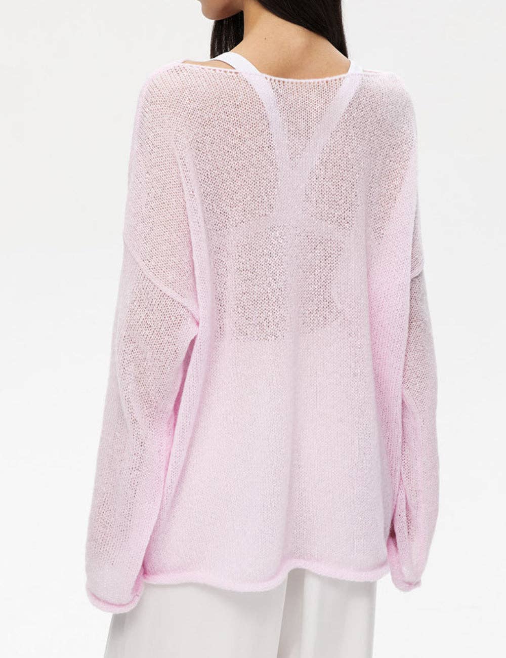 Ladies Solid Color Hollow Knit Top MY0106: Light Pink / M