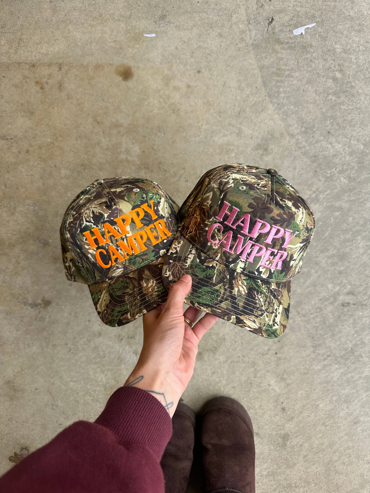 Happy Camper Camo hat: Neon orange