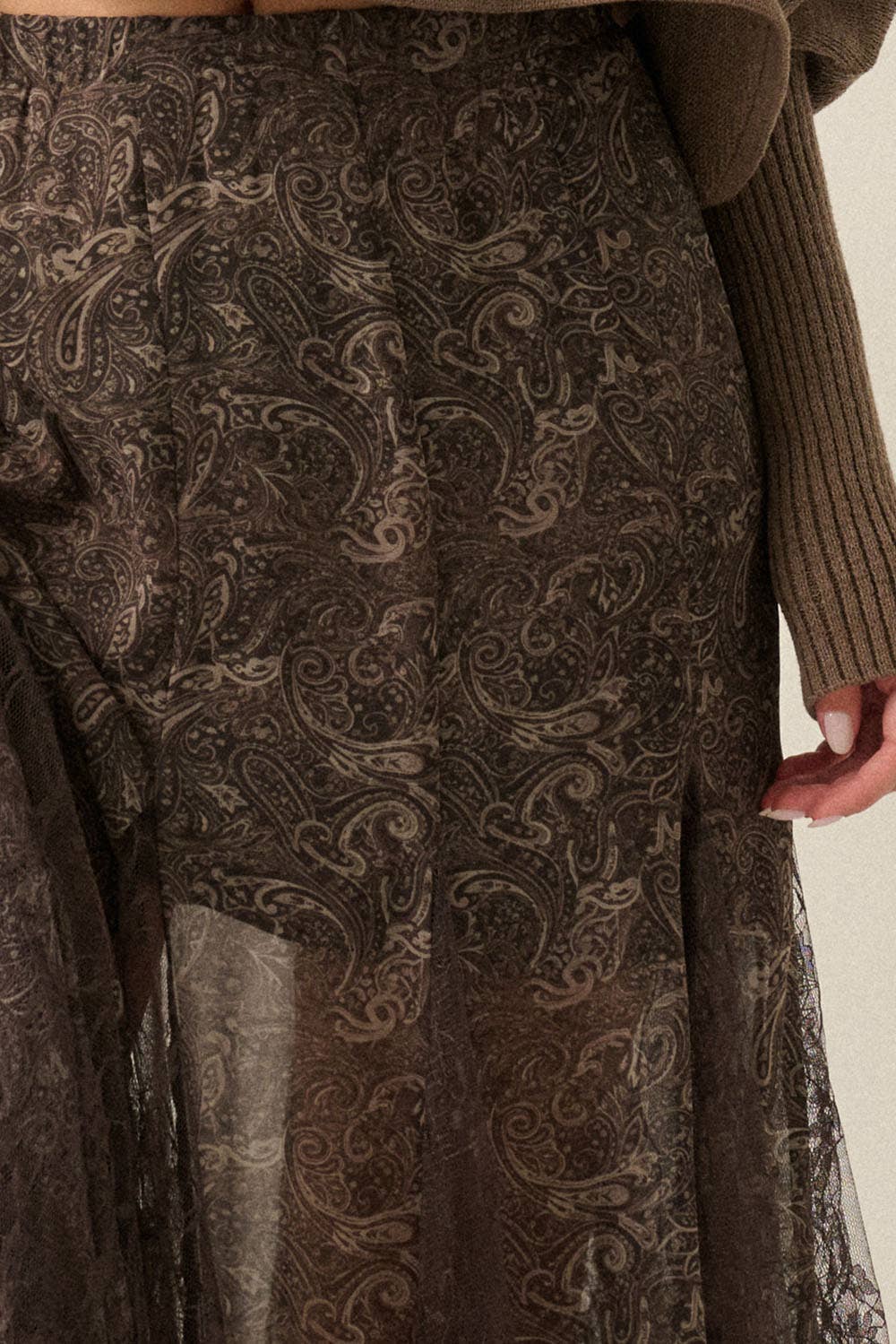 Paisley-Print Chiffon & Lace Elastic-Waist Godet Maxi Skirt: Espresso / S