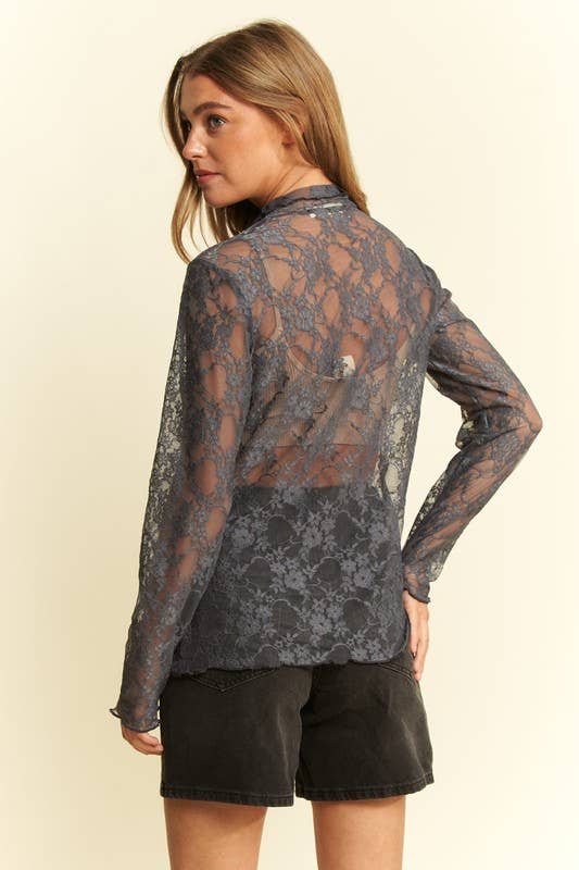 Floral Print Lace Long Sleeve Top KRT1739: BURGANDY / S