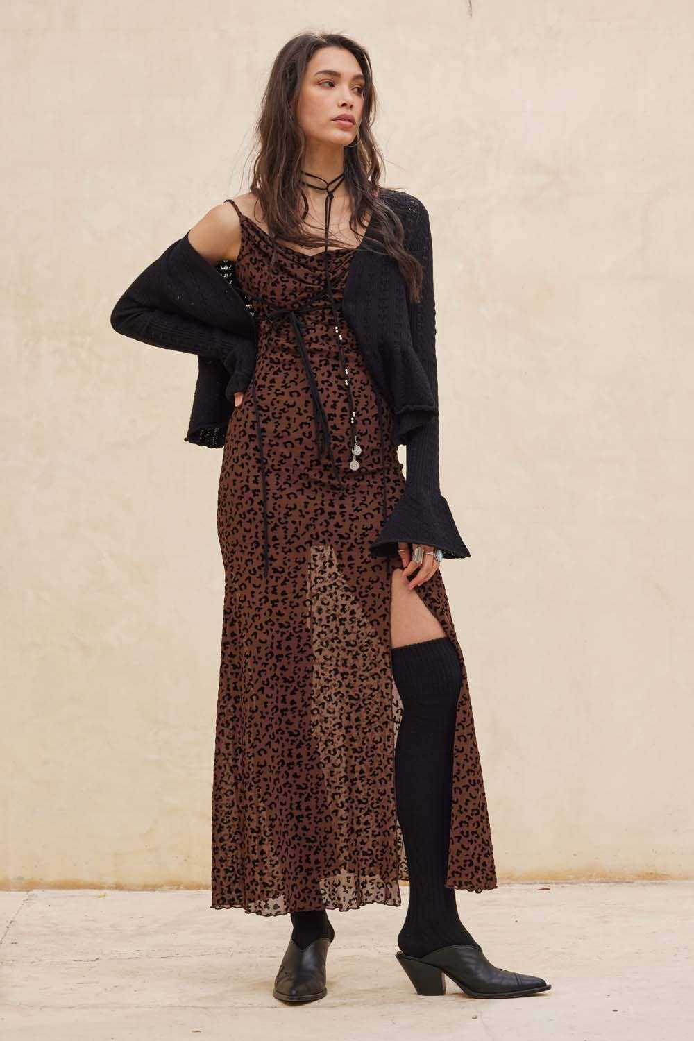 Flocked Leopard Mesh Cowl-Neck Maxi Dress: BURGUNDY / L