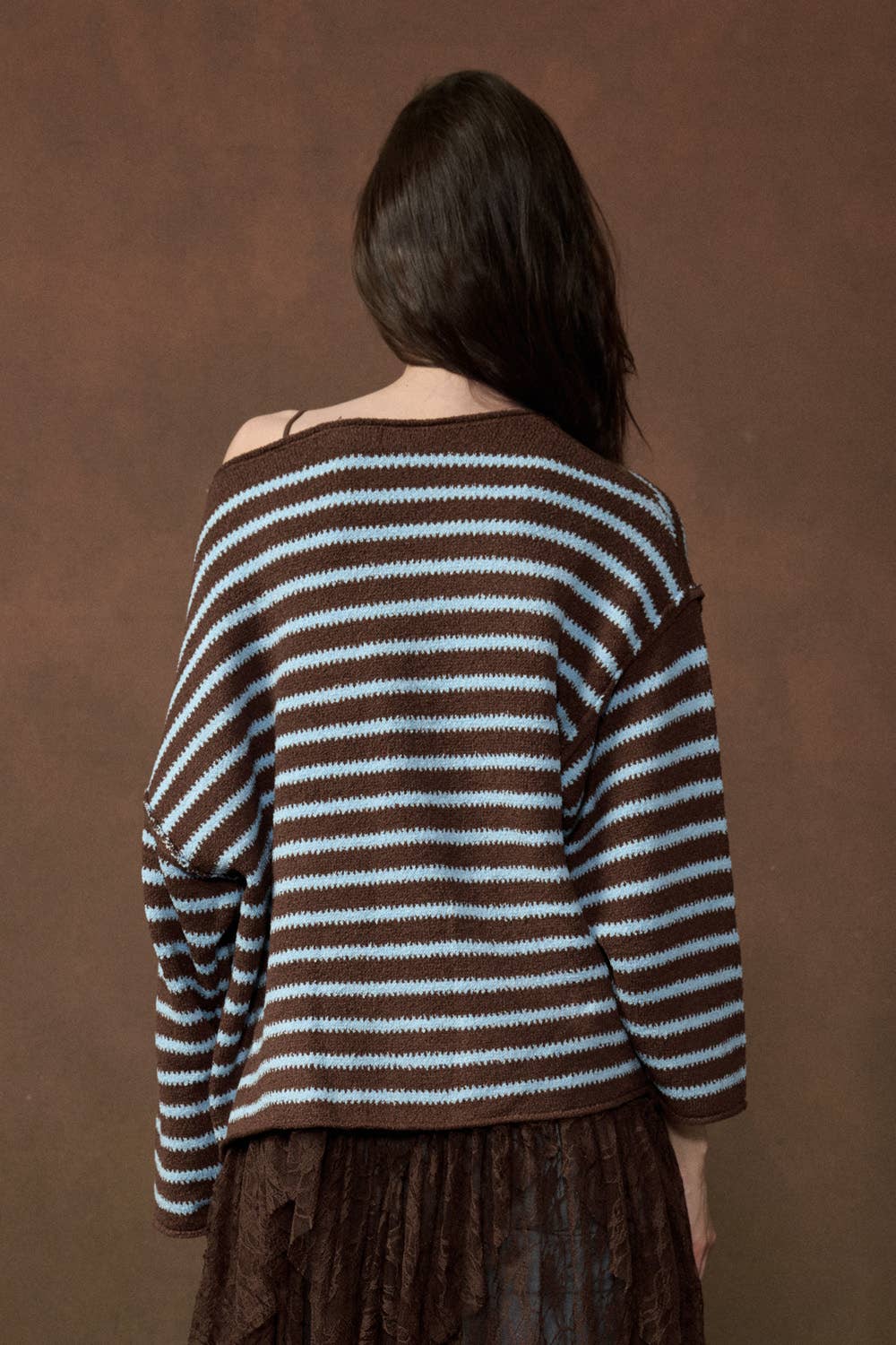 Striped Textured Knit Oversized Sweater: Choco-Blue / M