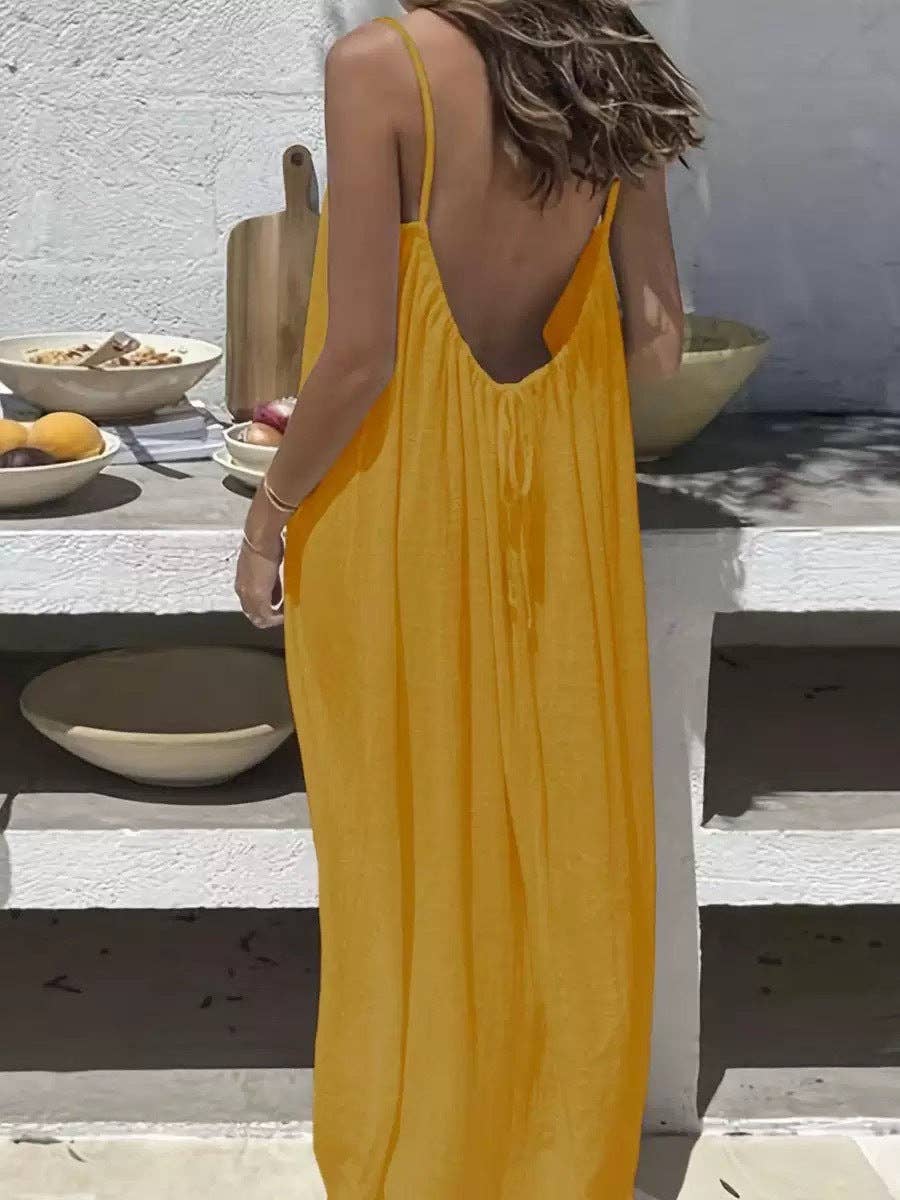 2026 Strappy Backless Loose Long Homewear Dress: Light yellow / XXL