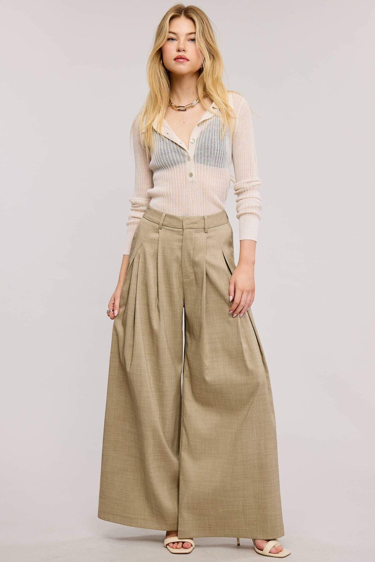 Trendy Low Waist  Wide Leg Pleated Trouser Pants: BEIGE / L