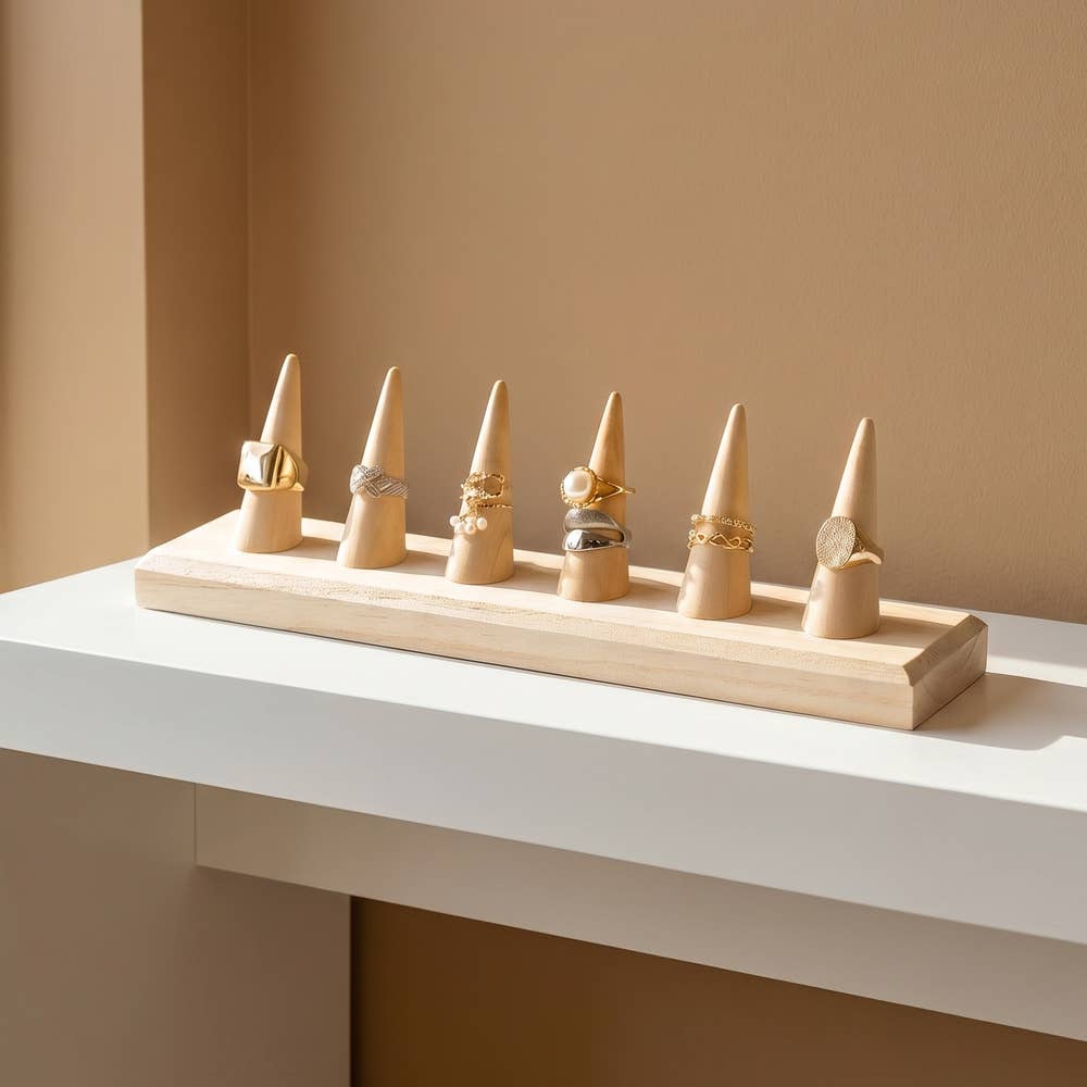 Natural Wood Six Finger Ring Cone Display Stand: WOOD