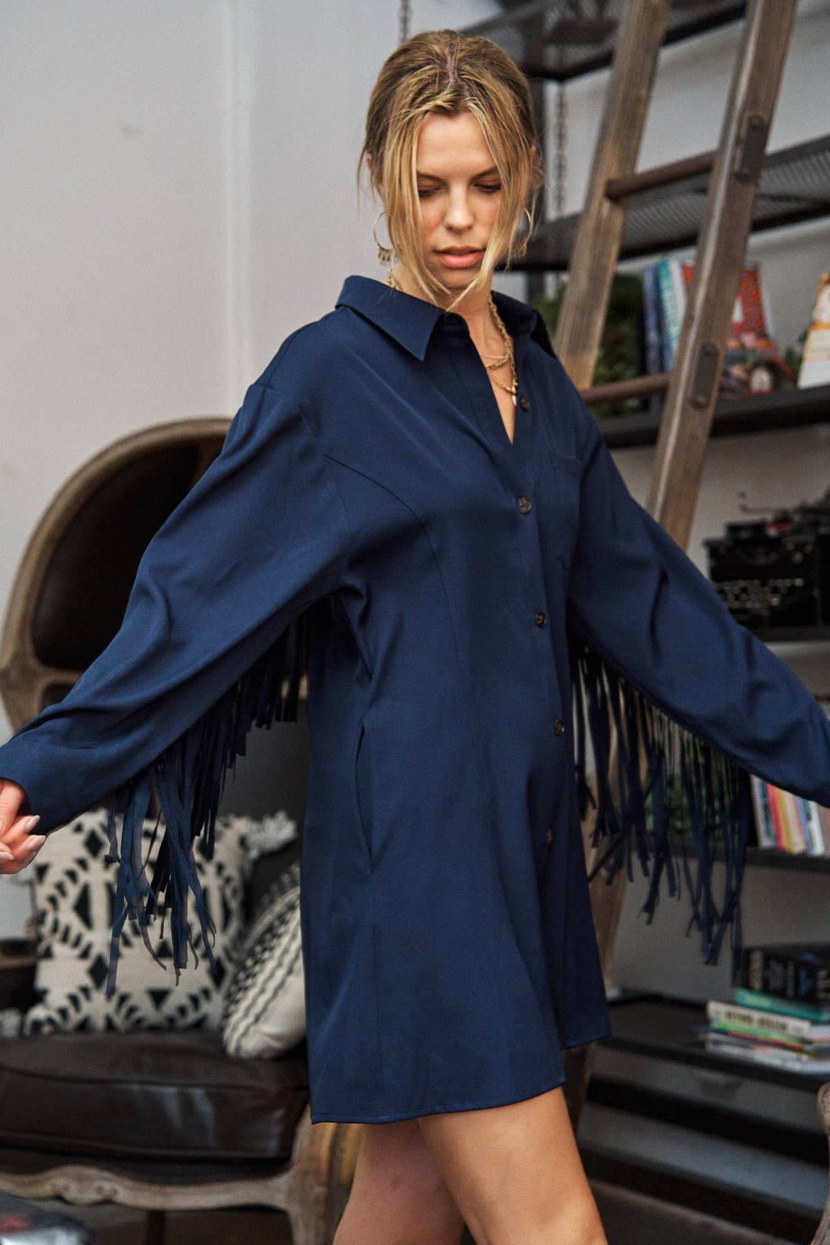 Western Fringe Trim Woven Shirt Dress JJD5017: NAVY / L