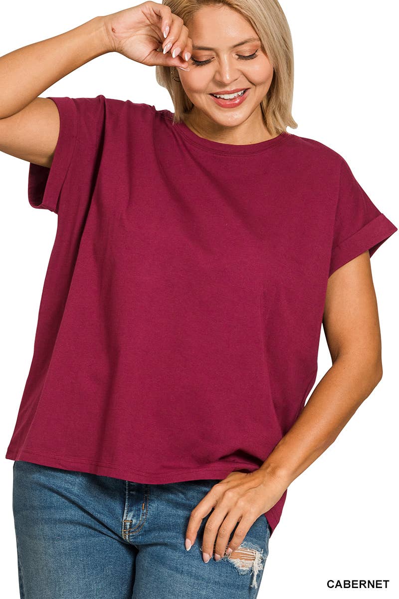 ,..._ Plus size Cotton Folded Sleeve T Shirt: +WHITE-173980 / 1X