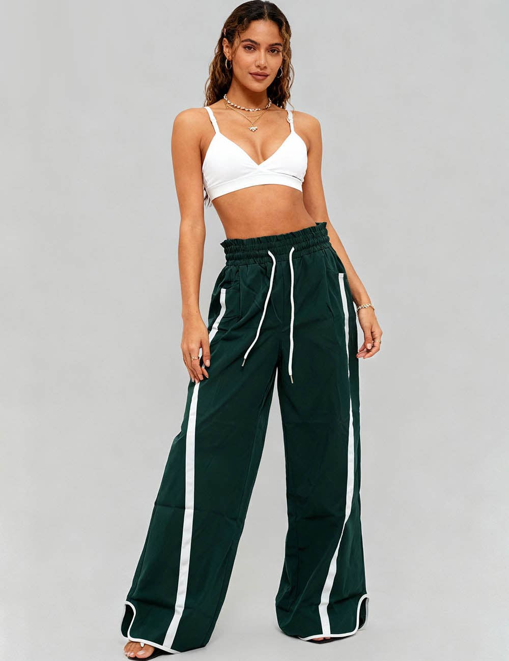 Ladies Color Block Striped Elastic Tie Waist Wide Leg Pants: Coffee / M