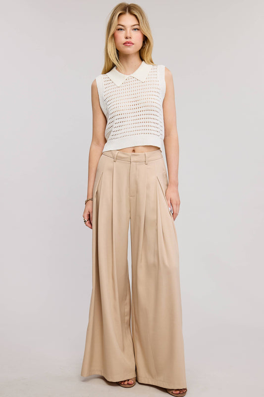 Trendy Low Waist  Wide Leg Pleated Trouser Pants: BEIGE / M
