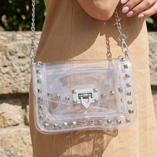 Clear Studded Crossbody Stadium Bag With Chain Strap: S