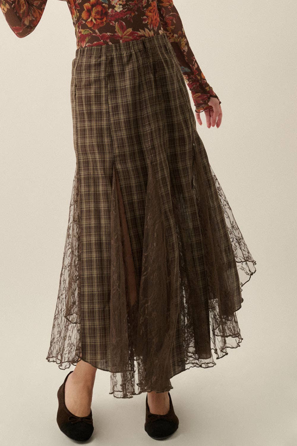 Plaid and Lace Godet Pleated A-Line High-Waist Maxi Skirt: Chocolate / S