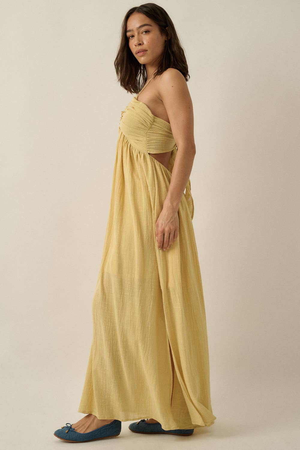 Cotton Gauze Tie-Back Halter Pocket Maxi Dress: Stone / L