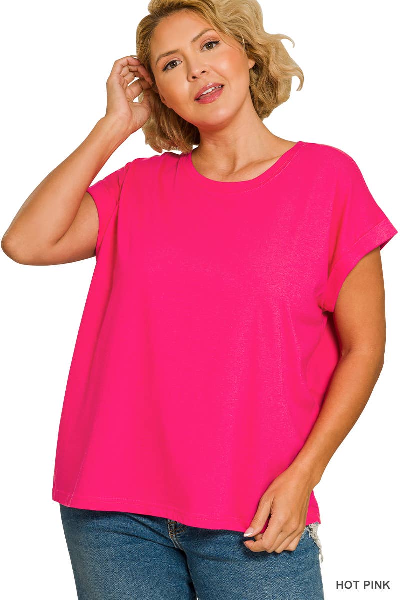 ,..._ Plus size Cotton Folded Sleeve T Shirt: +WHITE-173980 / 1X