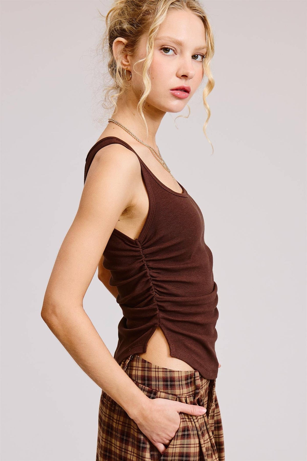 Ruched Ribbed Knit Tank with Scoop Neck: Grey / S