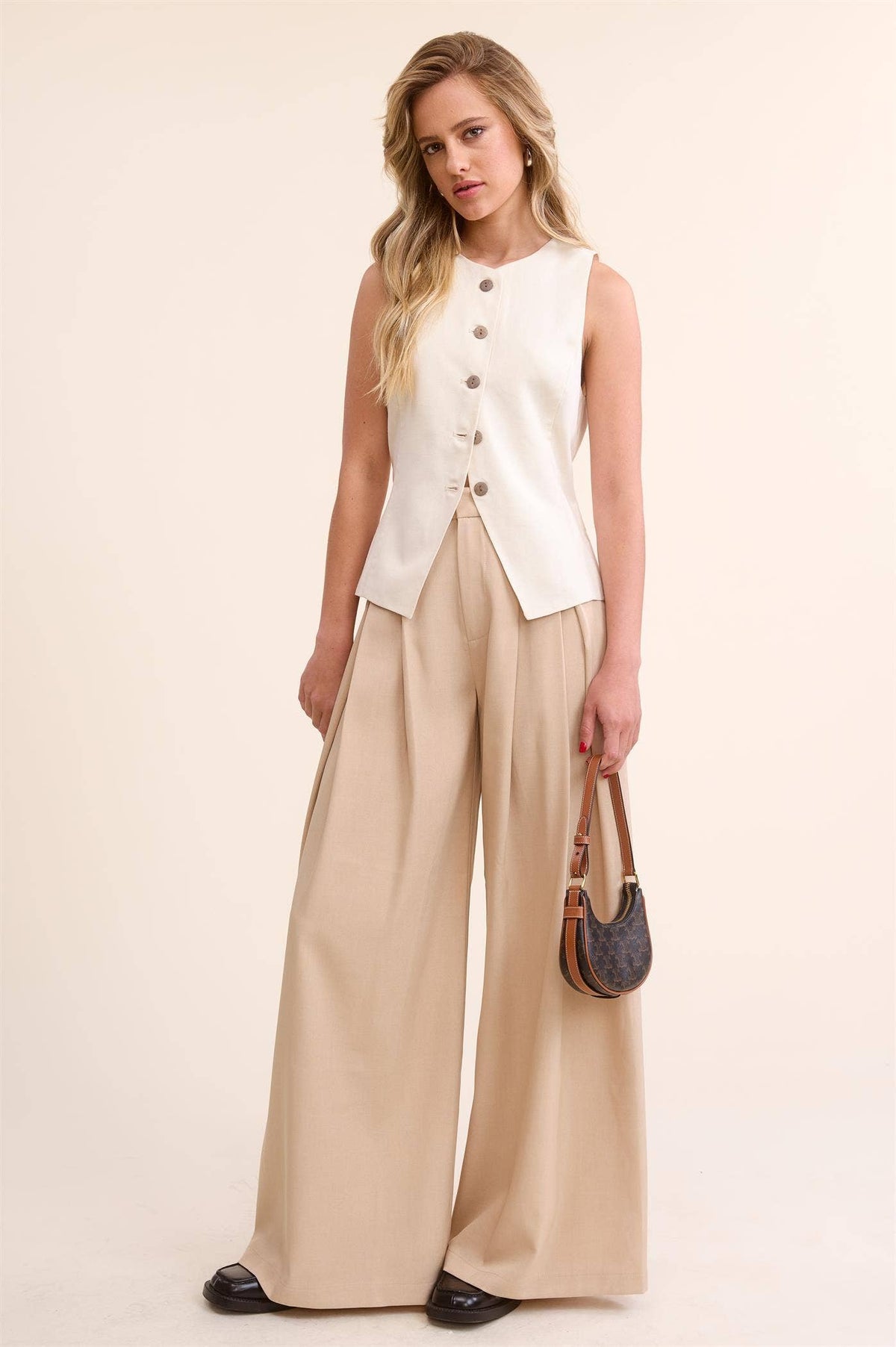 Trendy Low Waist  Wide Leg Pleated Trouser Pants: BEIGE / L