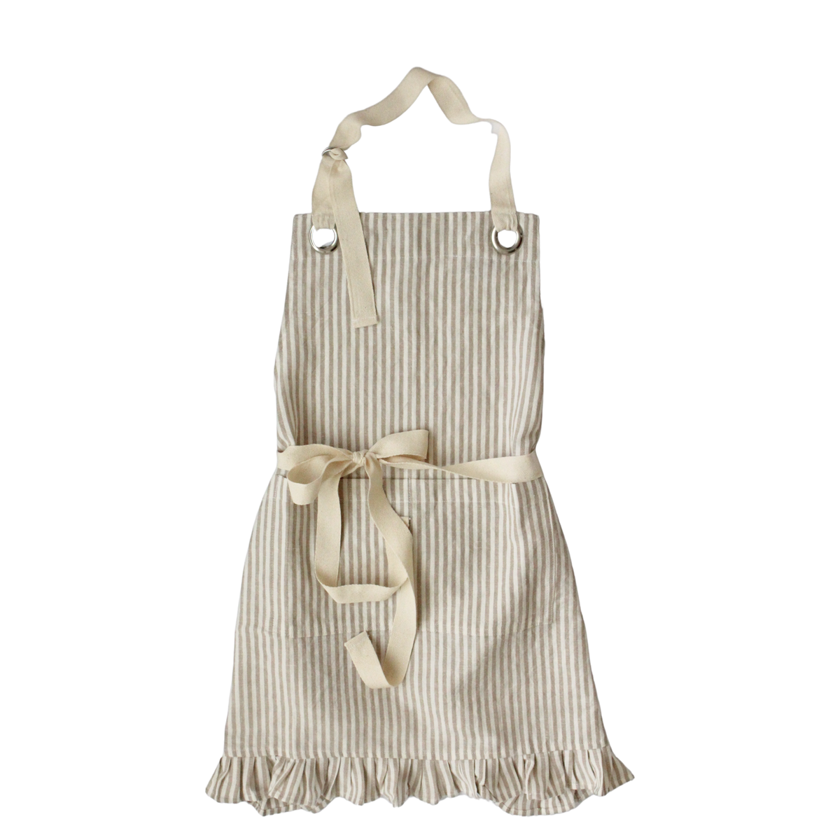 Ruffle Pin Stripe Apron: Tan