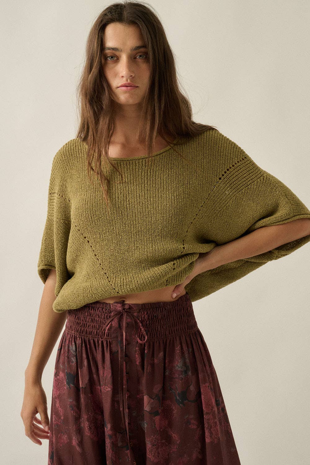 Short-Sleeve Pointelle Ribbed Knit Sweater: Mulberry / S